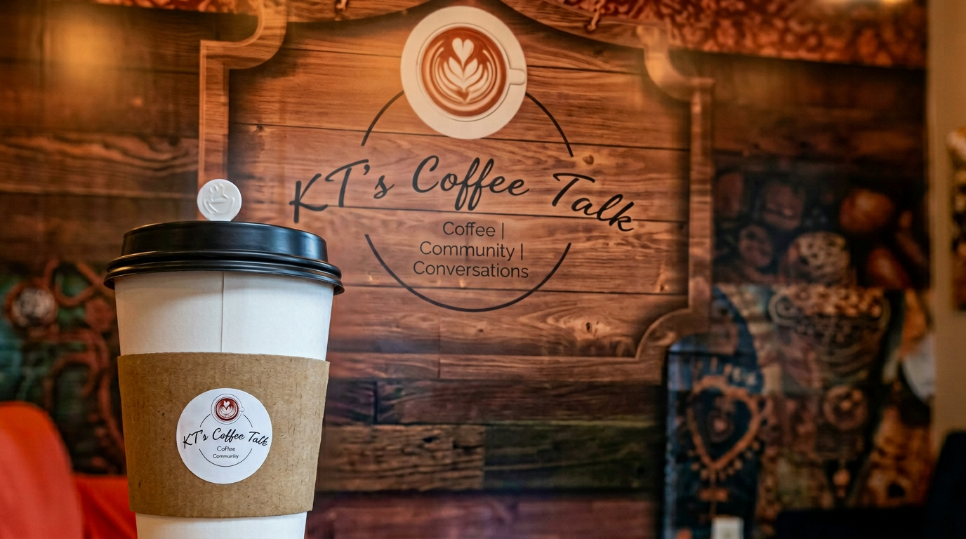 Cozy interior of KT's Coffee Talk with warm light and a steaming latte